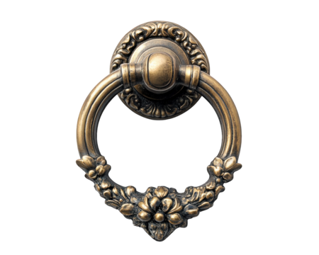 Antique door knocker with floral design, made of brass, isolated on transparency background. This elegant piece adds charm and character to any entrance