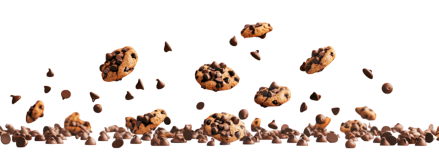 Delicious chocolate chip cookies falling with chocolate chips scattered around, creating delightful and tempting scene. Perfect for dessert lovers