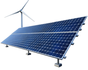 Renewable energy setup featuring solar panels and wind turbine, showcasing sustainable technology for clean energy production