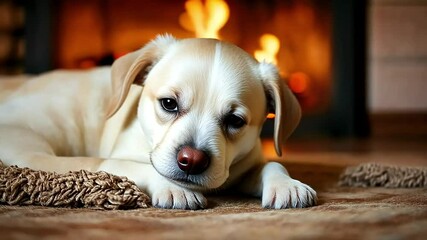 Puppy relaxing by warm fireplace, cozy winter scene. Perfect for pet adoption campaigns