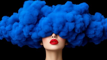 Veiled in Mystery: A woman's face emerges from a swirling blue cloud of smoke, her red lips a captivating focal point against the dark backdrop.
