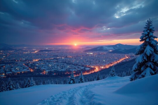 Fiocco di neve scendente su una citt? illuminata, neve, skyline