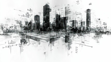Fototapeta premium Urban cityscape abstract financial data overlay