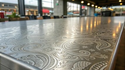 Smooth polished aluminum surface with intricate microscopic patterns, shiny metal, metal texture, high shine, reflective finish, reflective material