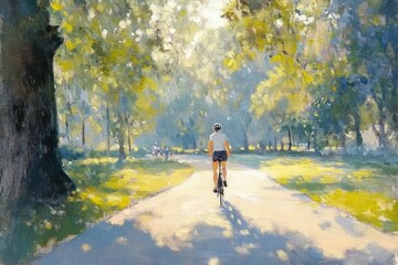 Fototapeta premium Cyclist rides sunlit path, green trees, summer day