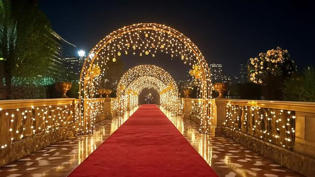 Red carpet entrance with golden light arches at night, cityscape background, ideal for event or celebration visuals