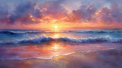 Serene sunset paints ocean waves pink, gold hues