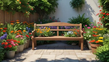Lush greenery and colorful flowers surround a wooden bench in a bright sunny garden corner, wooden bench, bright sunlight, botanical garden
