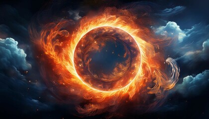 a captivating fiery circle surrounded by swirling clouds evoking mystery and energy