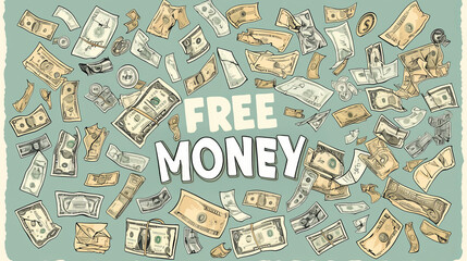 Obraz premium Illustration of flying money around the text 'Free Money' on a blue background