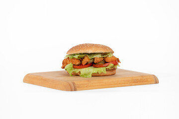 chicken burger, on wood, white background
