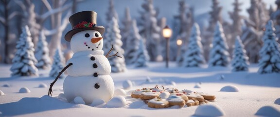 Snowman made from marshmallows and cookies on a winter wonderland scene, wonderland, holiday, snowman