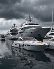 Fototapeta premium Luxury yachts in the marina during a stormy weather, waterfront, marina, stormy weather