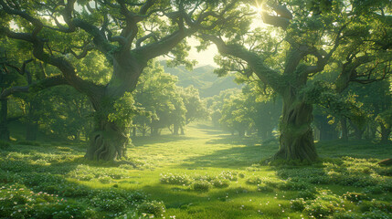 Fototapeta premium serene forest scene at dusk, with sunlight filtering through lush trees, creating peaceful atmosphere
