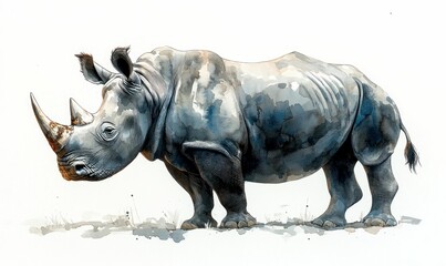 Obraz premium Majestic rhino watercolor painting, powerful stance, serene.
