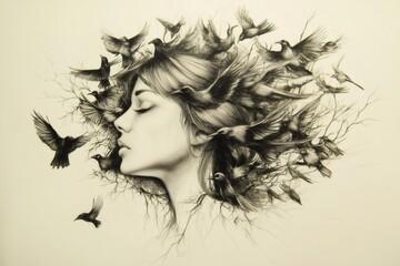 Fototapeta premium Pencil drawing of a woman with closed eyes and birds flying out of her hair, creating a surreal and dreamlike atmosphere