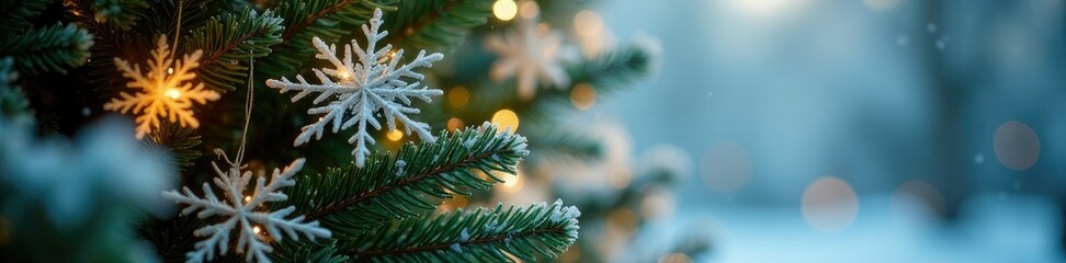 Frosty branches of a majestic Christmas tree are adorned with delicate snowflakes and twinkling lights, greenery, delicate, frosty branches