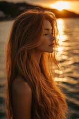Fashion model posing during golden hour on the beach with long, flowing red hair