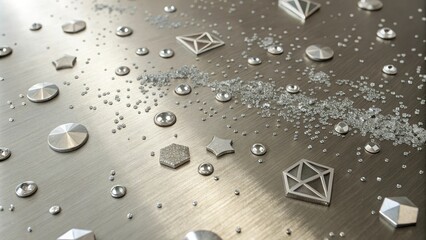 Metallic polished glossy abstract background with scattered silver particles and geometric shapes, shimmer, abstract, high gloss