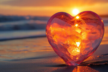 Fototapeta premium valentine’s crystal heart on sunset beach: glowing pink & orange hues against golden sunset | romantic nature stock photo