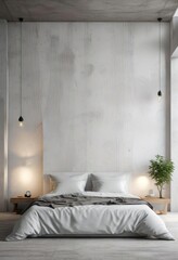 Minimalist bedroom with a bold white concrete wall as focal point, simple furniture, white concrete wall