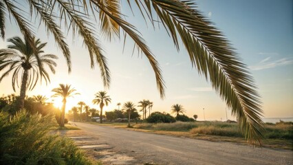 Naklejka premium Soft golden light filters through delicate palm leaves in a serene summer atmosphere, ambiance, gentle, serene, palm, summer