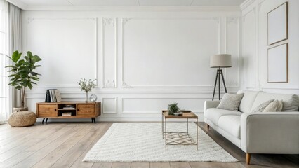 Obraz premium Minimalist living room with a white wall as background, uncluttered space, soft lighting, empty space