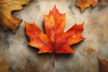 Close-up of a vibrant red maple leaf lying on a textured surface, surrounded by other fall leaves, capturing the essence of autumn