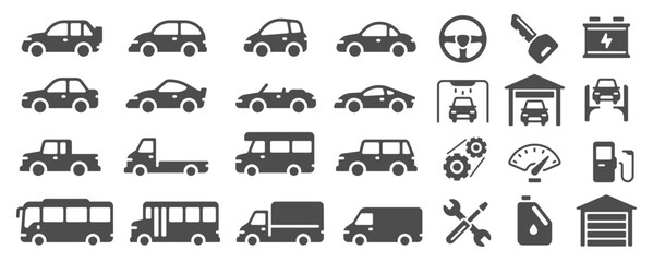 Different vehicle icons are displayed, including cars, trucks, buses, and vans, alongside maintenance symbols such as steering wheel, key, battery, car wash, garage, and tools