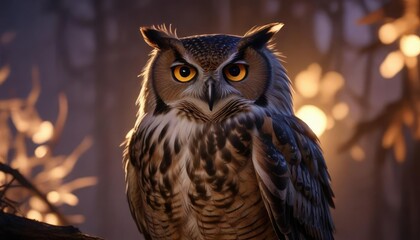Softly glowing owl's feathers against the soft glow of twilight , snowy tree, forest at dusk, winter bird photography