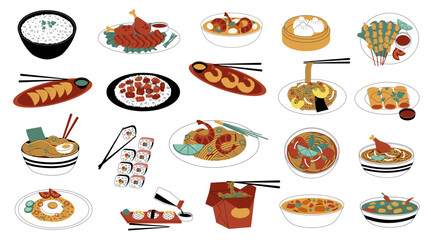 Asian cuisine dishes including ramen, sushi, rolls, rice, chicken and shrimps served on plates, bowls and take away boxes, drawing representing Japanese, Korean, Chinese and Vietnamese food