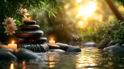Tranquil spa stones and candles in serene garden setting - Generative AI