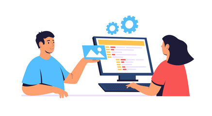 Two web developers are creating a mobile web page, one is adding an image while the other is writing code on the computer with gears symbolizing settings