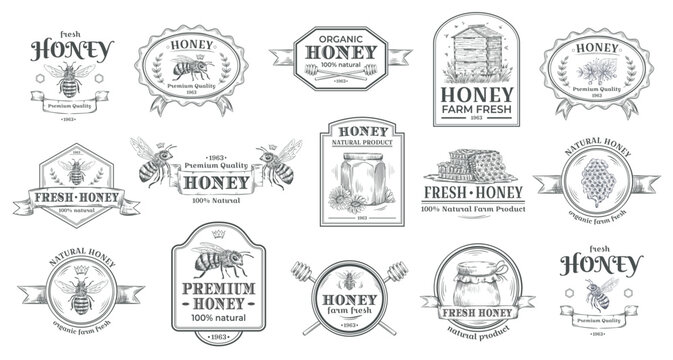 Collection of vintage, hand drawn honey, bee, and beehive emblems, showcasing a retro design aesthetic suitable for branding and labeling of honey products