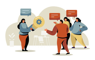 Office workers brainstorming and discussing new creative business ideas holding a light bulb with a gear inside, startup and teamwork concept