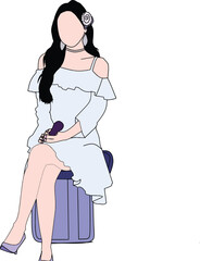 The hand-drawn digital artwork features a stylish woman in a frilly dress,sitting on a chair,and holding a microphone.The simple design emphasizes the elegance and artistic style of the concept.