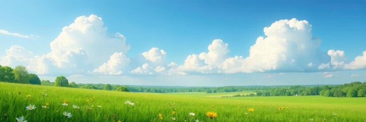 Obraz premium Low-hanging cumulus cloud formations amidst a lush meadow, nature, fluffy, white