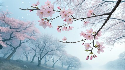 Fototapeta premium Soft pink blossoms suspended in mid-air against a pale blue misty sky ethereal cherry trees stand out with delicate branches, delicate branches, soft pink blossoms, cherry trees