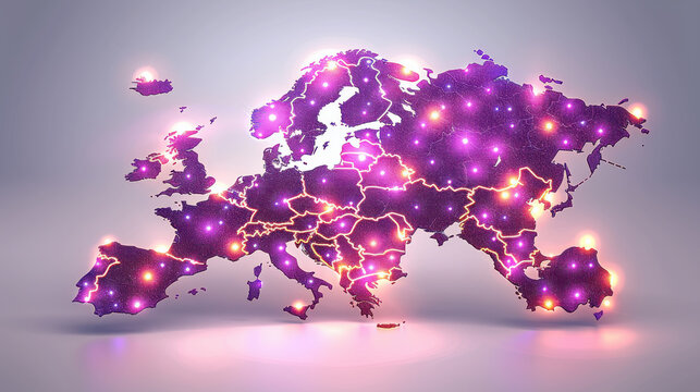 vibrant purple map of Europe with glowing lights and connections, showcasing modern and digital representation of continent