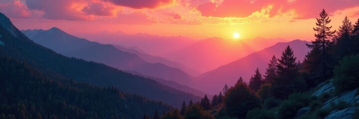 Obraz premium Mountain forest with warm sunlight and sunset colors, forests, landscape, twilight