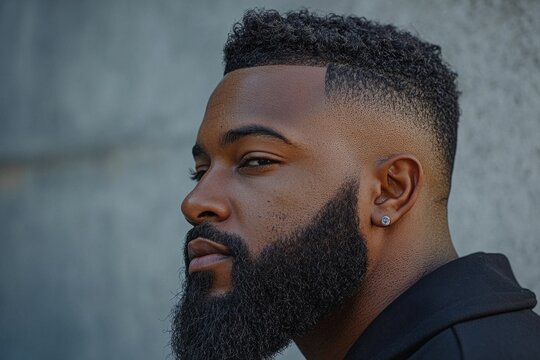 Stylish black man with modern haircut and full beard posing in front of gray wall