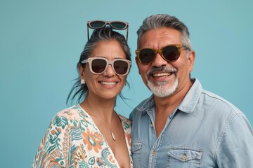 Portrait of a smiling latino couple in their 40s wearing a trendy sunglasses in pastel blue background