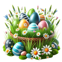 Easter eggs in grass field isolated on Transparent background