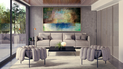 Large luxury modern bright interiors Living room mockup illustration 3D rendering image