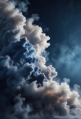 Mysterious misty atmosphere with swirling fog and smoke against a dark blue background, fog, foreboding