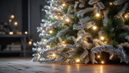Sparkling silver tinsel wrapped around a Christmas tree , festive, winter wonderland