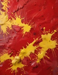 Splattered red and yellow paint on a canvas background, lively, colorful, fun