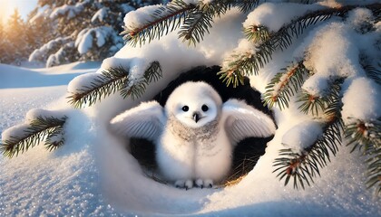 Obraz premium A cute snowy owl chick peeking out from a snow cave, with one wing extended towards the viewer