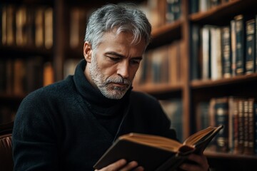 Focused mature man reading an old book in a classic library, enjoying the knowledge and wisdom of the past