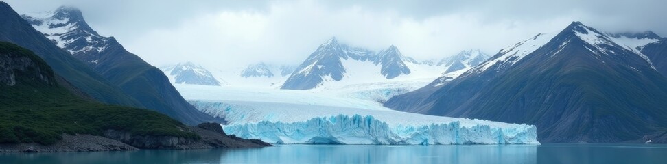 Obraz premium Serene glacier nestled among towering alpine mountains under grey cloudy sky, big, glaciers, serene
